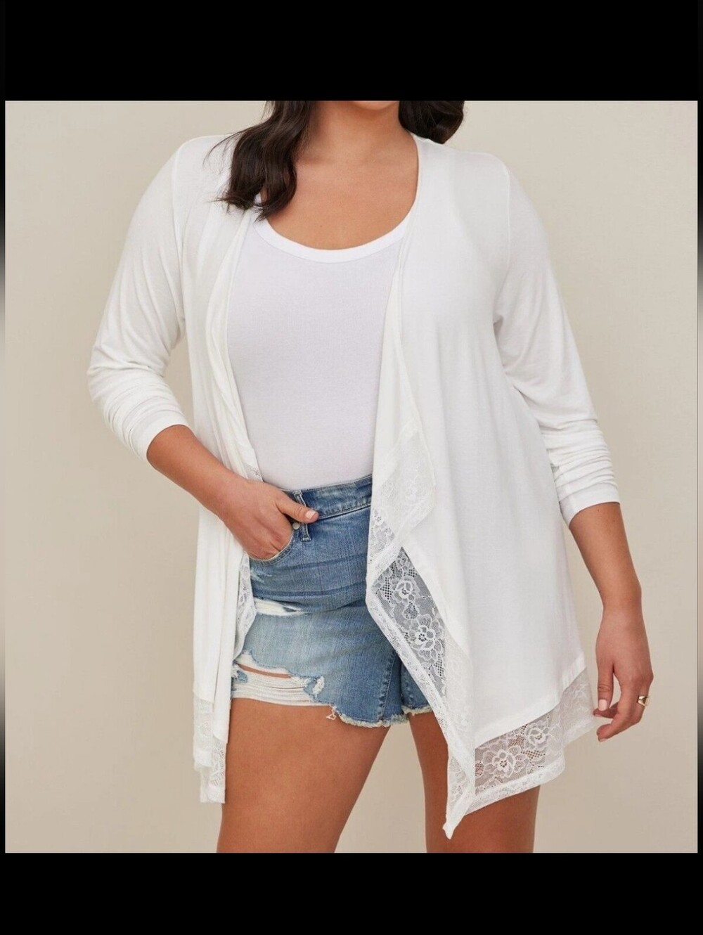 Torrid Super Soft Drape Front Cardigan with Lace Trim